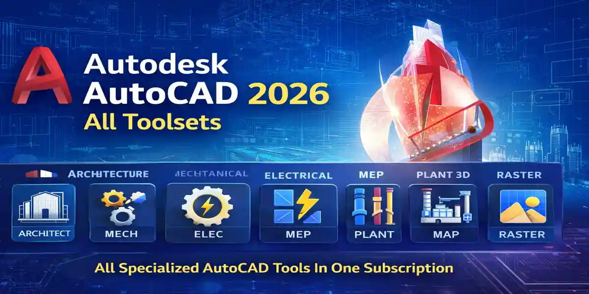 Autodesk AutoCAD 2026 All Toolsets showing Architecture, Mechanical, Electrical, MEP, Plant 3D, Map 3D, and Raster Design tools