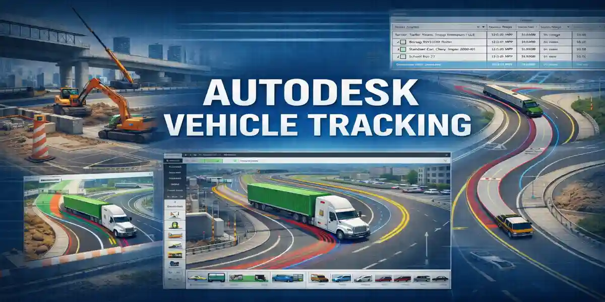 Autodesk Vehicle Tracking software showing vehicle swept path analysis and road design simulation