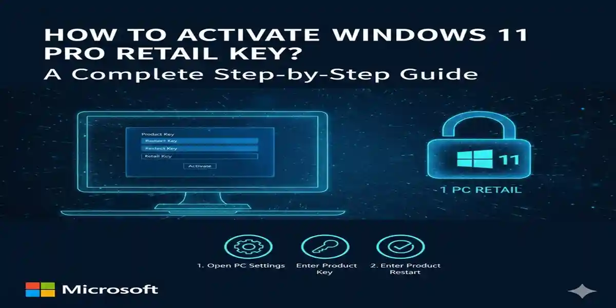 Complete guide for Windows 11 Pro retail key activation, showing settings menu and restart process.