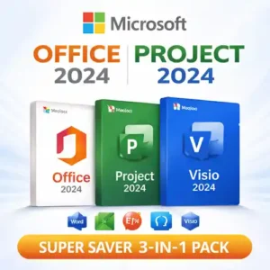 A promotional digital graphic for the Microsoft Office 2024, Project 2024, and Visio 2024 Super Saver 3-in-1 Pack.