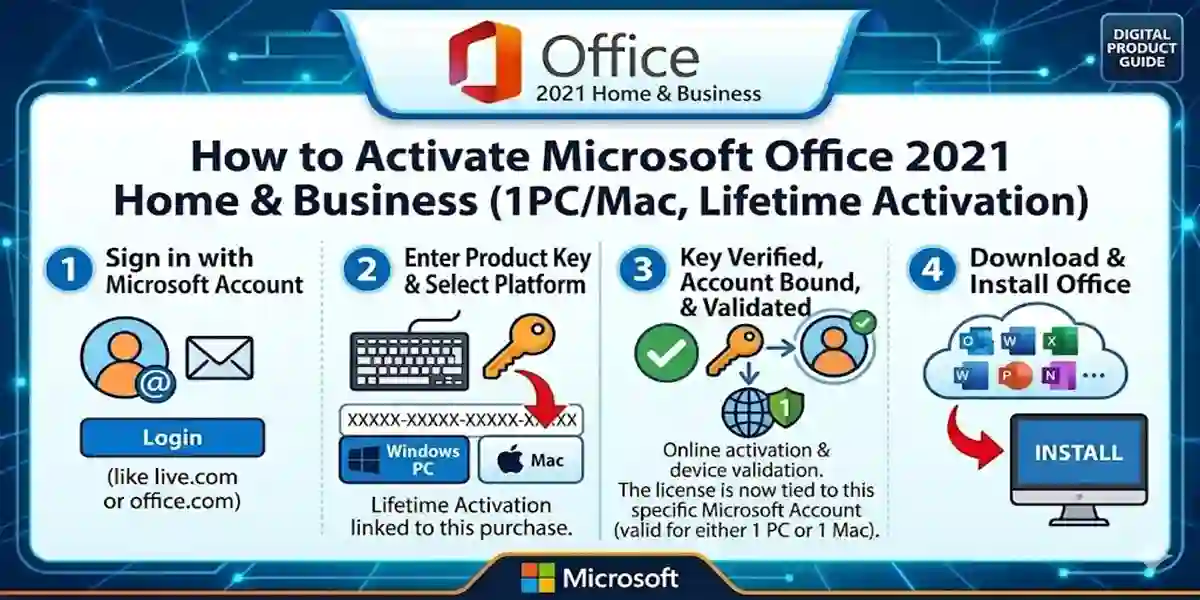 How to Activate Microsoft Office 2021 Home & Business – 1PC/Mac, Lifetime Activation, Account-Bound