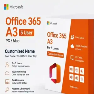 Office 365 A3 5 User PC/Mac – Customized Name, Desktop Apps & 100GB OneDrive