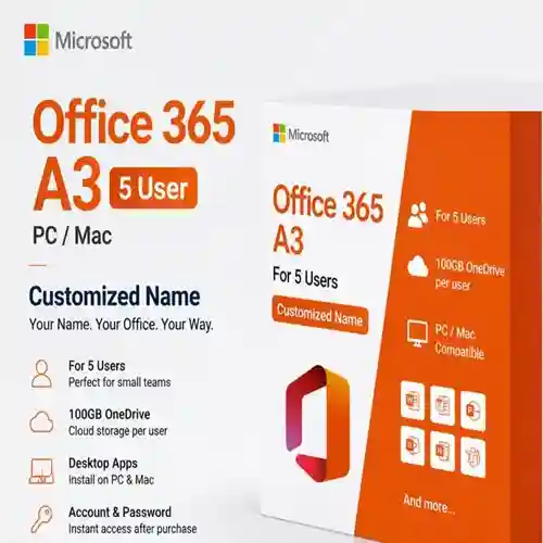 Office 365 A3 5 User PC/Mac – Customized Name, Desktop Apps & 100GB OneDrive Office 365 A3 5 User PC/Mac – Customized Name, Desktop Apps & 100GB OneDrive
